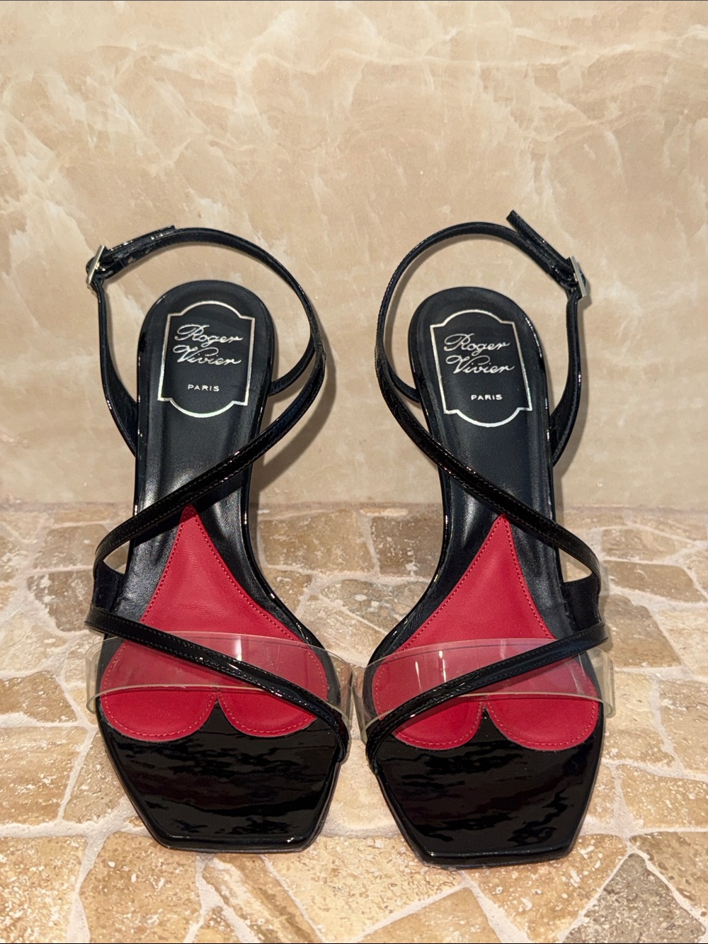 Roger Vivier Black and Red Patent Strappy Heels